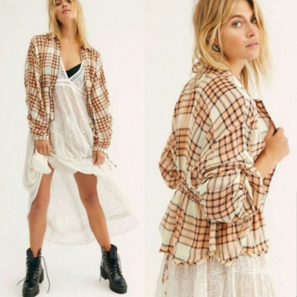 Free People | Pacific Dawn Plaid Button Tie Sleeve Top - Picture 1 of 9